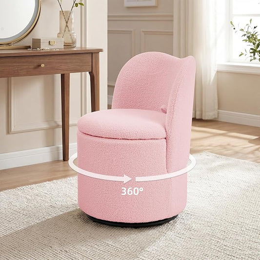 Vanity Chair with Storage Sherpa 360° Swivel Makeup Chair with Back Modern Swivel Accent Stool Barrel Chair Upholstered Ottoman Vanity Stool with Back for Bedroom Dressing Living Room Pink