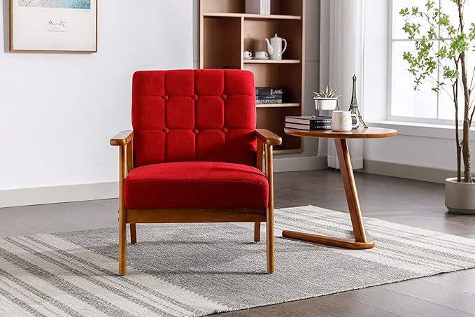 Leisure Chair with Solid Wood Armrest and Feet Mid-Century Modern Accent Chair for Living Room Bedroom