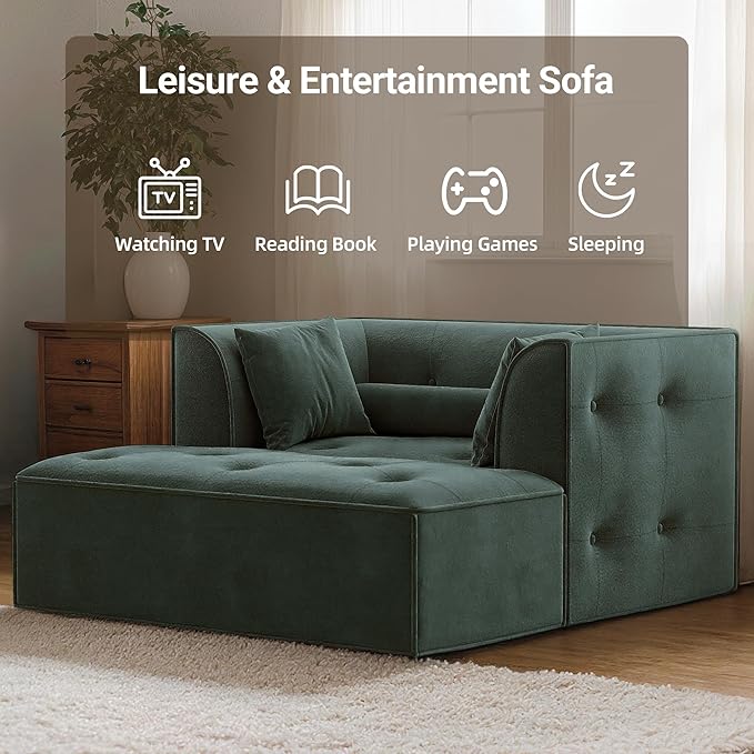 62 Chaise Lounge Chair IndoorDeep Seat Sleeper Sofa Cloud Couch with 3 Soft Pillows and OttomanComfy Cloud Seat for Living Room Apartment Office(Green Chaise Lounge+Ottoman)