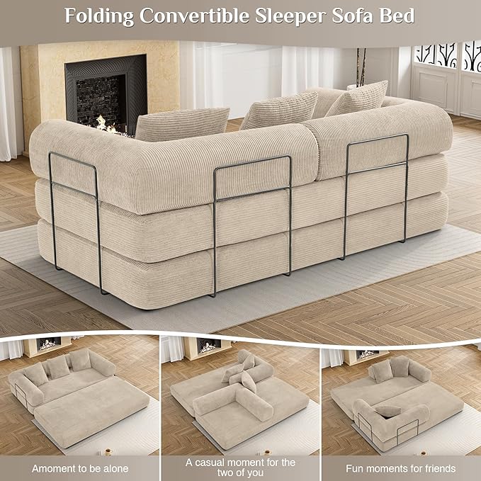 Convertible Sofa Bed Corduroy Memory Foam Compression Sofa Modular Floor Sofa with Pull-Out Bed Compressed Couch in Box Folding Sleeper Couches Bed for Living Room Bedroom Lounge Light Brown