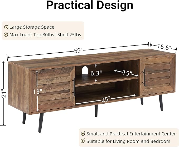 EDYO LIVING 65 Mid Century Modern TV Stand Wood TV Stand with Storage Cabinet and Open Shelf for Televisions up to 65 Entertainment Center TV Console Table for Living Room Rustic Oak