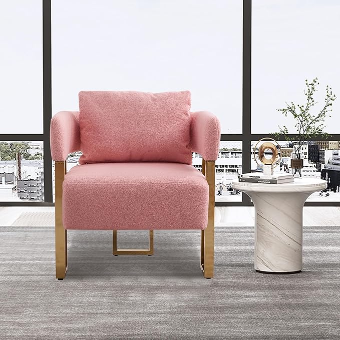 Oversized Pink Teddy Accent Chair Modern Barrel Chair with Gold Legs Metal Frame Upholstered Armchair for Bedroom Living Room Sofa Chair Club Side Chairs Home/Business (Set of 2 Pink)