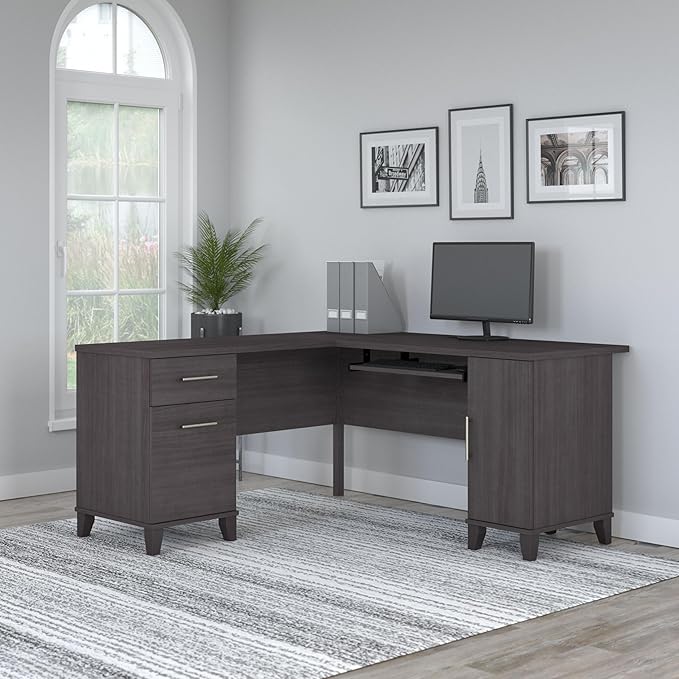 Bush Furniture 60-inch L Shaped Desk with Storage Spacious Corner Computer Table for Home Office Somerset Collection Storm Gray