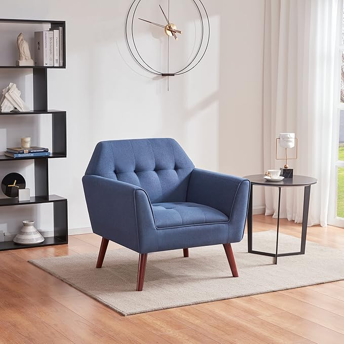 Kingfun Accent Chairs for Bedroom Midcentury Modern Living Room Accent Arm Chair Linen Fabric Comfy Reading Chair Tufted Sofa Chair Blue