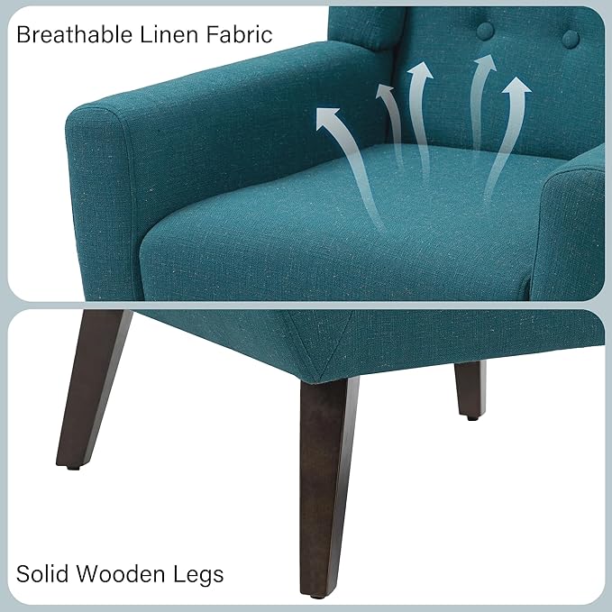 Accent Chair Mid-Century Modern Fabric Chairs with Arms for Living Room Comfy Upholstered Club Single Sofa Armchair for Bedroom Waiting Room with Solid Wood Frame (Fabric Turquoise Set of 2)