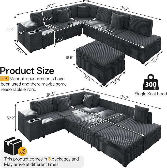 KEIKI 110 L-Shaped Oversized Plush Corduroy Modular Sectional Sofa with Pull-Out Bed Convertible 6-Seater Sleeper Couch Bed with 1 Ottomans &amp USB &amp Cup Holders Easy Assembly for Living Roo