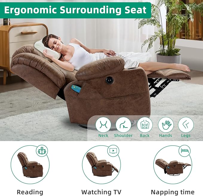 VIVIJASON Swivel Rocker Recliner Chair with Heat &amp Vibration Manual 360° Swivel Glider Overstuffed Reclining Chair with 2 Cup Holders Side Pockets &amp USB Ports for Living Room Brown