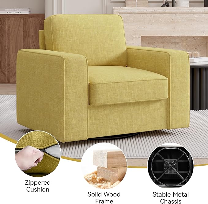 Swivel Accent Sofa Chair Set of 2 FSC Certified Sofa Armchairs with Extra Wide Mid-Century Modern 1pcs Pillows for Living Room Bedroom Office-Yellow Color