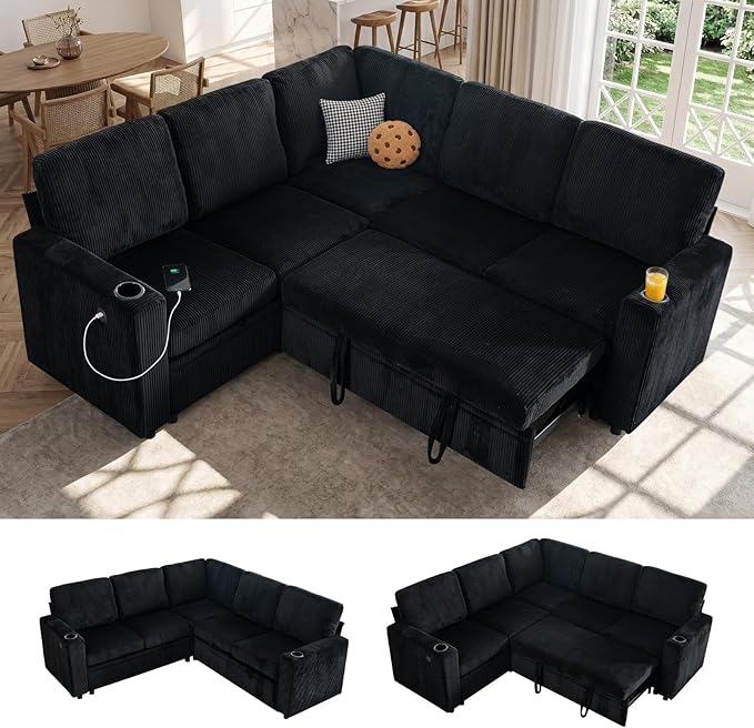 83 Sleeper Couch with Pull Out Sofa Bed 5-Seater Sectional Couches for Living Room L-Shaped Couch with Storage USB Port &amp Cup Holder Corduroy Convertible Corner Sofa for Apartment