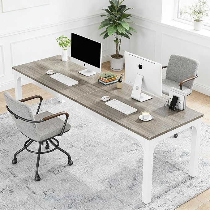 78 Inch Long Computer Desk 2 Person Executive Office Desk Extra Large Double Workstation Simple Study Student Writing Table for Home Office (Taupe+White)