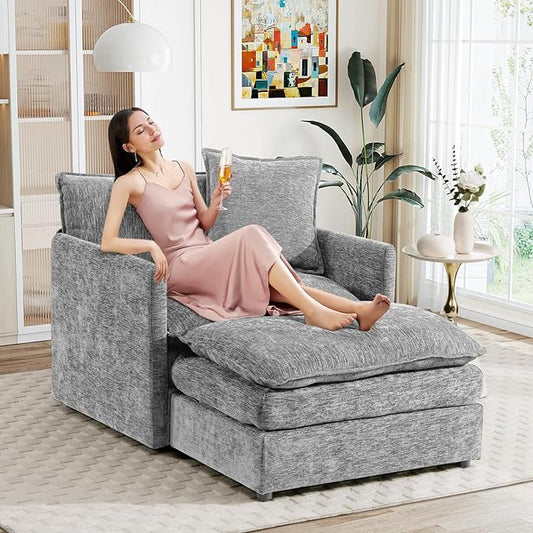Oversized Chaise Lounge Chair Indoor Modern Comfy Chenille Cloud Accent Chair and A Half with Ottoman Single Deep Seat Sofa Couch Reading Armchair for Living Room Bedroom Apartment Light Gray
