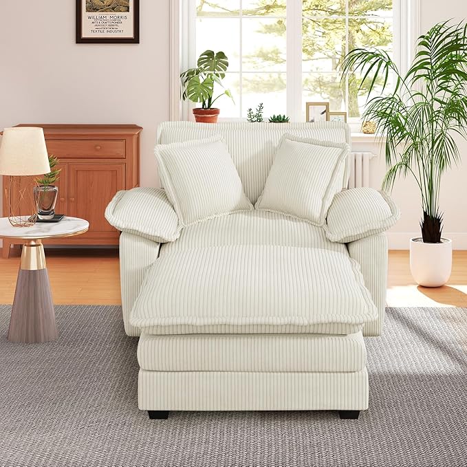 48 W Oversized Chaise Lounge Chair Indoor with Ottoman Upholstered Cloud Accent Chair with Extra Wide Armrests Comfy Green Corduroy Sleeper Chair for Living Room Bedroom Reading (Beige)