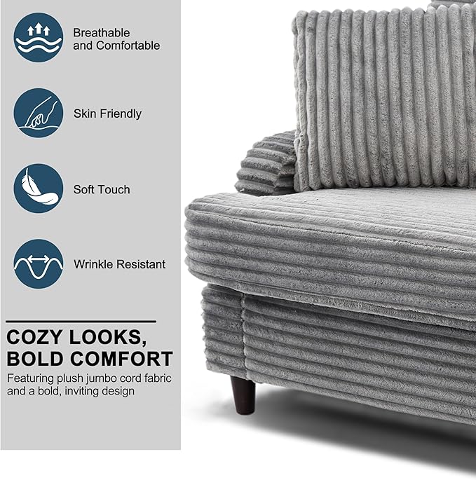 80 Inch 2 Sets Sofa Couch Comfy Love Seat Couches for Living Room Mid Century Modern Oversized Two Seater Couch Plush Corduroy Deep Seat Sofas for Bedroom Small Space Apartment Light Grey