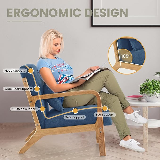 Mid Century Modern Accent Chair with Lumbar Pillow Upholstered Chair for Living Room Accent Chair with Solid Wood Frame Reading Chair Armchair for Bedroom Small Spaces Blue