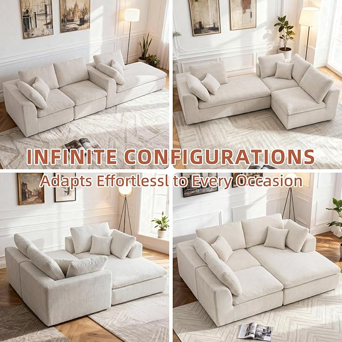 Boneless Sectional with Chaise 110 L-Shaped Cloud Couch for Living Room Deep Seat Chenille Floor Sofa Frameless Modular Lounge Set (Beige Right Facing Chaise)