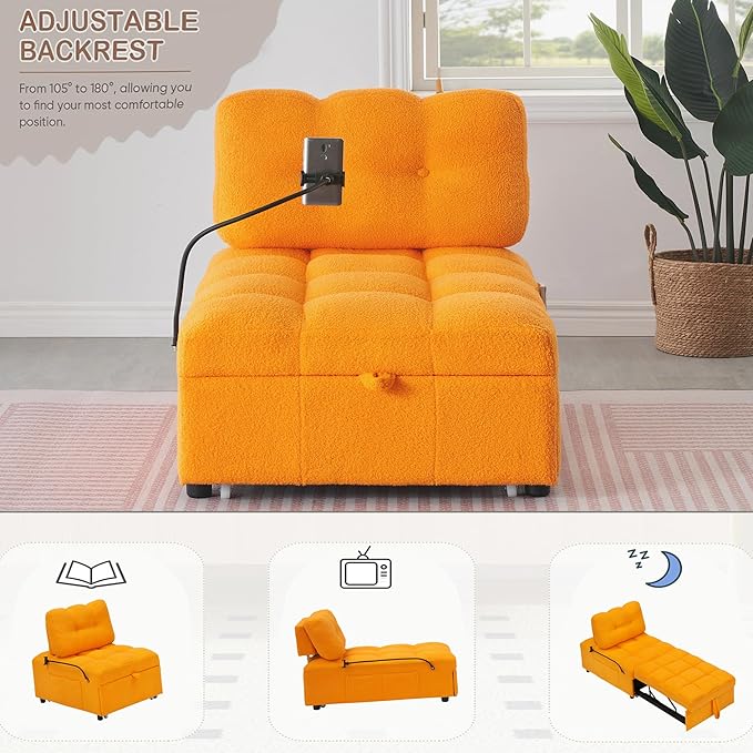 Modern Teddy Fabric Sofa Bed Futon3 in 1 Convertible Pullout Bed Couches with 3 Reclining BackrestsPhone StandSmall Sofa Single Sleeper Chair Bed for Living Room Bedroom (Orange)