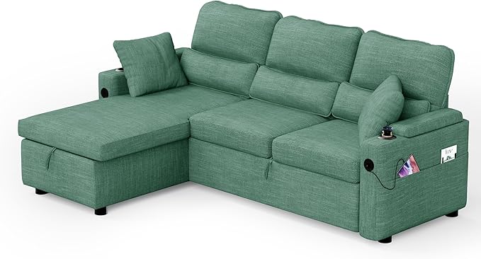 Pull Out Couch L Shaped Convertible Sleeper Sofa Bed with Hidden Storage for Living Room Apartment 3-in-1 Linen Sectional with Side Pocket Charging Station Cup Holder (Green)