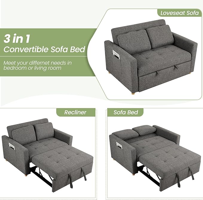 SEJOV Sleeper Sofa Bed 3-in-1 Convertible Sofa Chair Linen Fabric Pull Out Couch Bed Loveseat Sleeper with Spring Support Adjustable Backrest 2 Seater Recliner Chair for Small Space Dark Grey