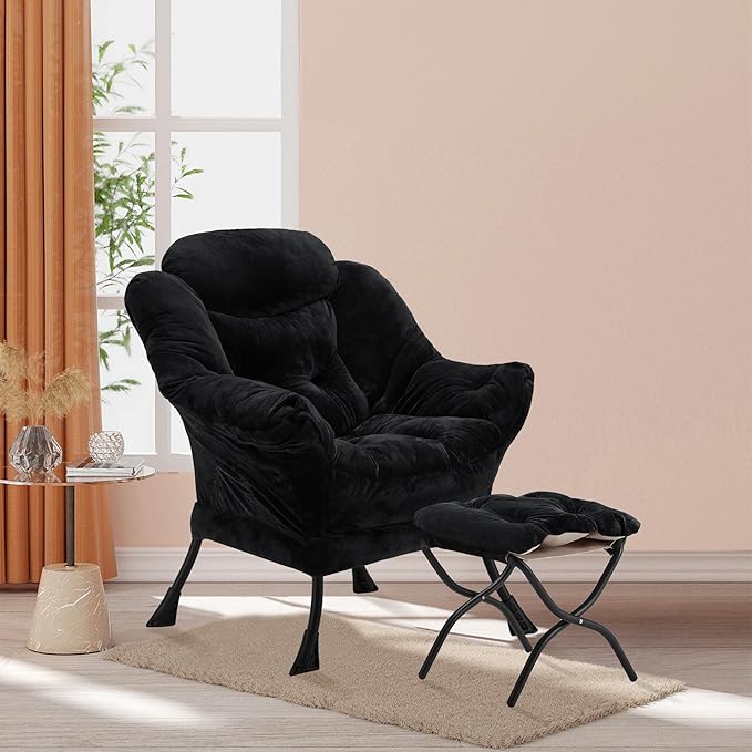 Lazy Chair with Folding Ottoman Accent Chair Plush Upholstered with Metal Structure and Non-Slip Pads Sofa Armchair with Footrest and Side Storage Bag for Dorm Room Office Black