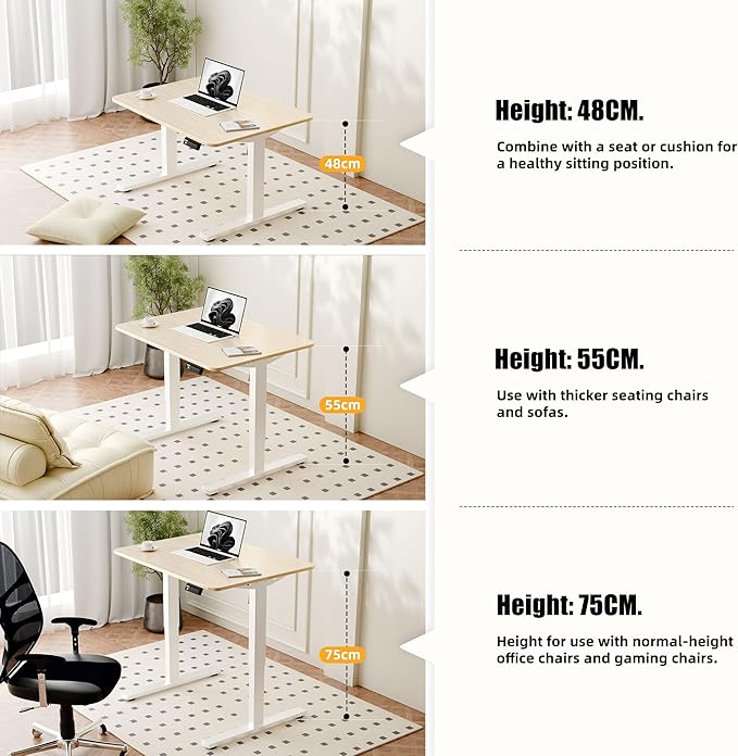 ERGOMAKER Low Height Adjustable Desk with Lockable Wheels Lifts 18.9-29.5 31.5 x 23.6 Electric Small Standing Desk with Splice Board for Home Office &amp Short People(White Frame Gold Oak Desk