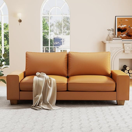 Modern Faux Leather Loveseat Sofa Compact Small Couch with Spring Cushions &amp Solid Wood Frame Easy-Clean Removable Cover Living Room Office Apartment Furniture (71.25 Brown)