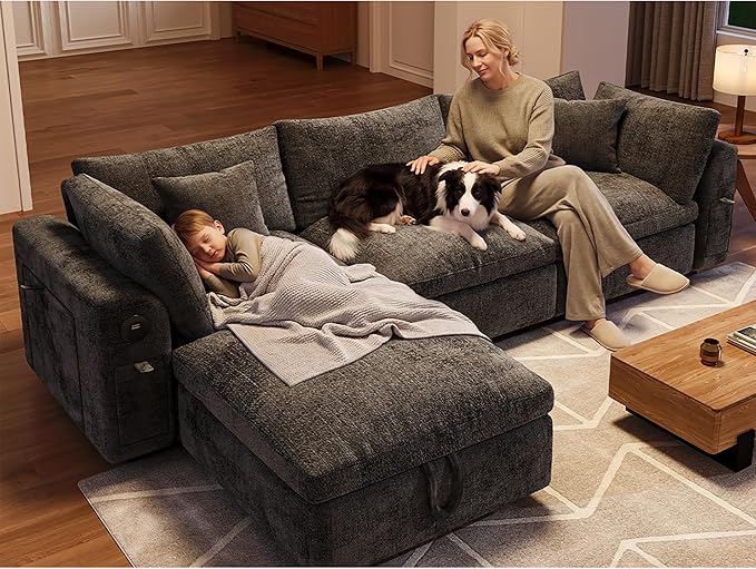 Cloud Modular Sectional Sofa L-Shaped 3-Seat Deep Seat with Storage Ottoman Solid Wood Frame Wide Armrests USB/Type-C &amp Cup Holders Modern Chenille Couch for Living RoomDark Gray