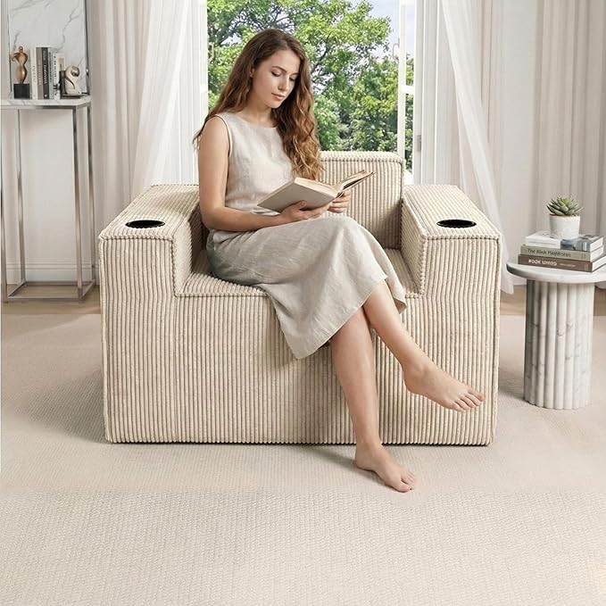 Cloud Single SofaChaise Lounge Chair with Cup Holder &amp Side PocketElevated Seat HeightNo Assembly RequiredBoneless Corduroy Chair for Small SpaceBedroomOffice (Khaki Single Sofa)