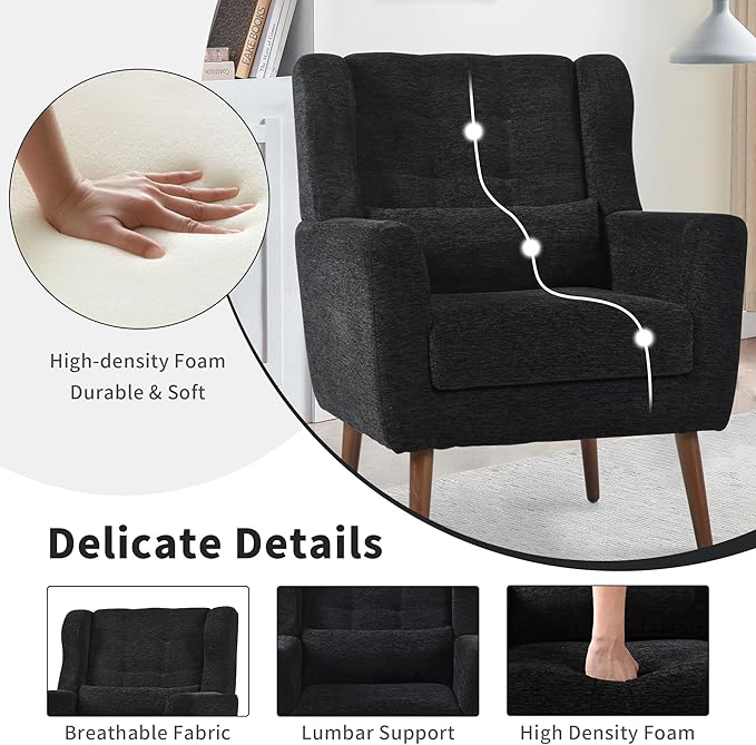 Modern Accent Chair Upholstered Arm Chair with Waist Pillow Single Sofa Chair for Living Room Bedroom Small Spaces (Black)
