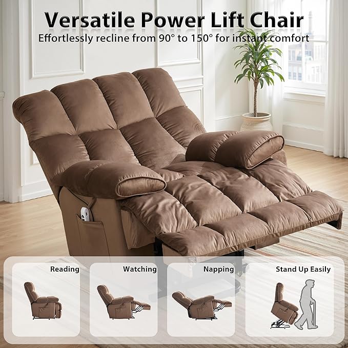 Power Lift Recliner for Elderly with Heat and Massage Electric Velvet Lift Recliner Chair with Side Pockets and USB Charge Port for Bedroom Living Room and Nursing Home Brown