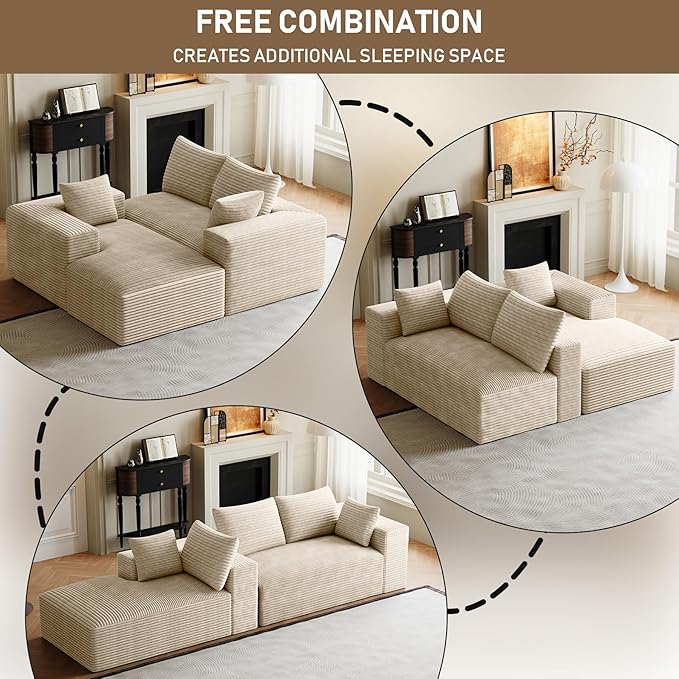 Modular Sectional Sofa Cloud Couch 107 Comfy L Shaped Sectional Couches for Living Room Modern Deep Seat Cozy Fluffy Corduroy Boneless Couch Sectionals Sofa with Chaise (Left Facing Beige)