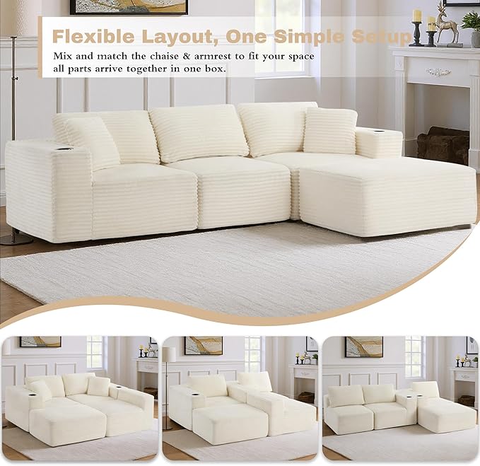 110”Modular Sectional SofaCloud Boneless Couch with Deep SeatModern Modular L-Shape Sofa Couch with 0ttomanUpholstered Couches for Living Room Bedroom (Beige)