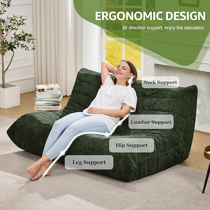 Bean Bag Chairs for Adults Giant Bean Bag Chair Memory Foam BeanBag Chair Bean Bag Sofa with Filler Faux Fur Fireside Beanbags Lazy Sofa for Living Room Bedroom Office (Green Chenille Loveseat)