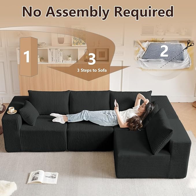 104 L-Shaped Corduroy Cloud Modular Sofa Modern 4-Seater Sectional Couch with 6 Pillows Deep Seat Upholstered Convertible Sofa Bed for Living Room No Assembly Required (Black)