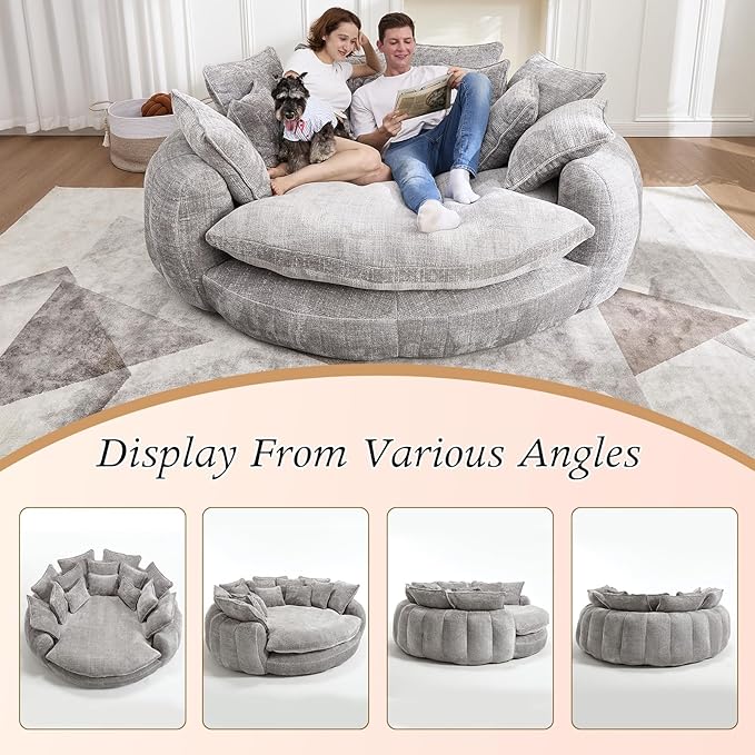 Oversized Sleeper Sofa Bed 81'' Round Chaise Lounge Chair Indoor Modern Chenille Boneless Couch Loveseat Plush Couch Cloud Couches Comfy Bean Bag Chair for Living Room Apartment (Light Grey)