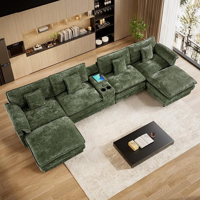 152 Oversized Modular Sectional Sofa U Shaped Cloud Couch Modern 6 Seat Sofa Set for Living Room Comfy Chenille Couch with Storage Central Console Movable Ottomans Cup Holders USB Ports Green