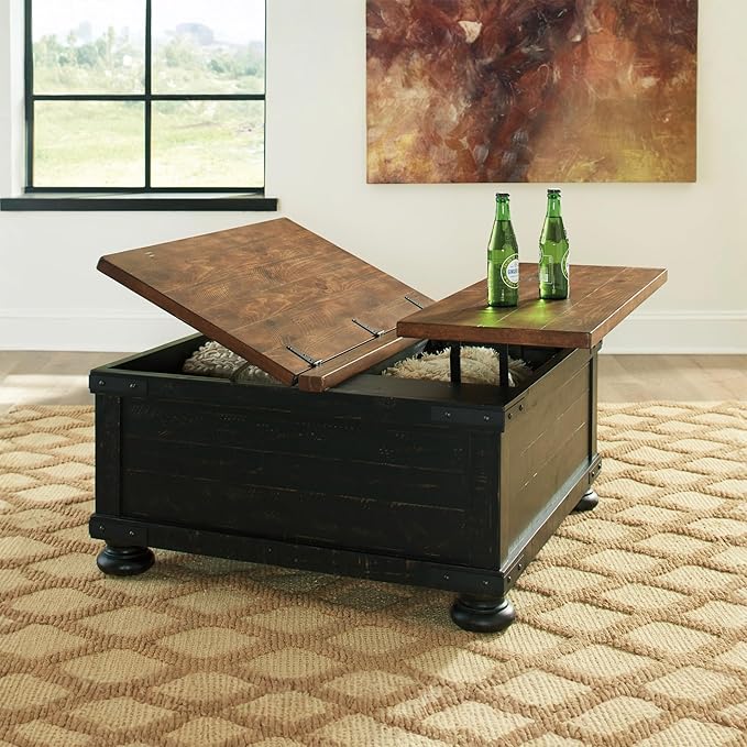 Signature Design by Ashley Valebeck Lift Top Coffee Table Storage Split-top Design Wood 36 W x 36 D x 18 H 2-tone Distressed Brown &amp Black Finish