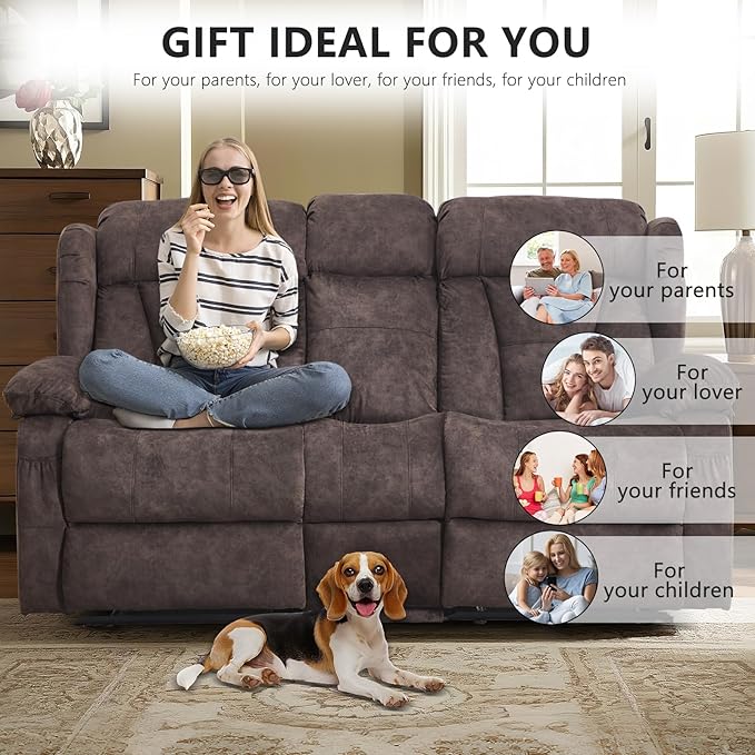 Loveseat Recliner Sofa Velvet Loveseat Reclining with Console for Living Room RV Recliner Couch with Cup Holder/AC/USB C/USB and Drawer Manual Reclining Love seat Couch (Brown)