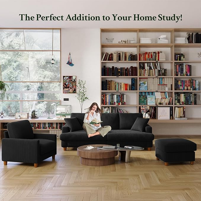 25.2 Couches for Living Room Comfy Black Ottoman with Storage Foot Rest Tool-Free Setup Small Ottoman Foot Rest for Couch Corduroy Couch for Bedroom Apartment Office
