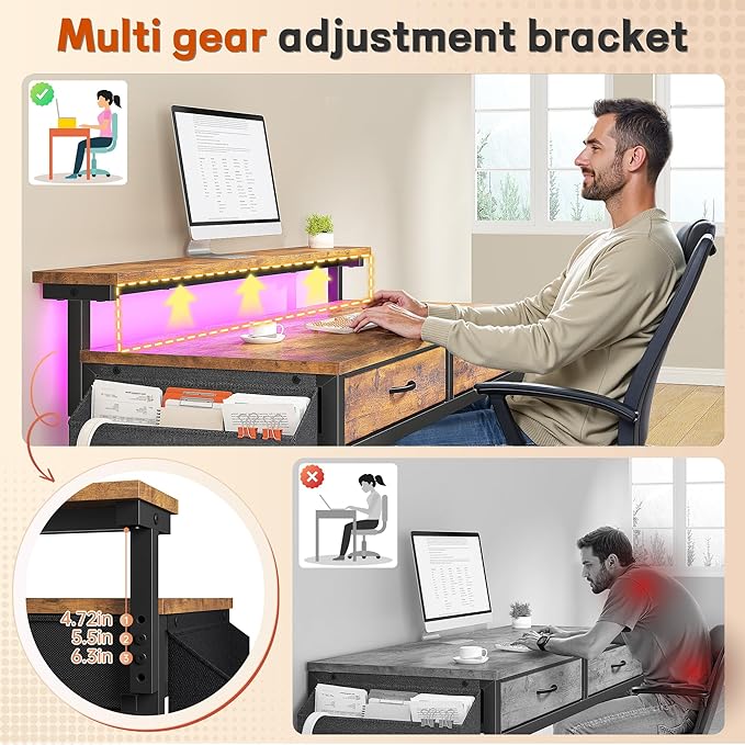 Gaming Desk with LED Lights &amp 2 Fabric Drawers 39.4Inch Home Office Computer Desk with Side Pocket &amp Ergonomic Monitor Stand Small Space Study Writing Table with Anti-Tip Design Rustic Brow