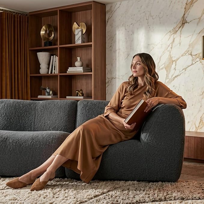Curved Sectional Modular Couch with Chaise Modern 76.38'' Boneless Sofa with Deep Seat Sherpa Boucle Cloud Couch for Living Room Cozy Teddy Loveseat Couches No Assembly Gray