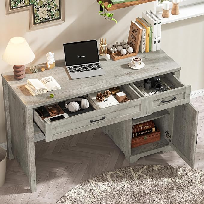 Vabches Farmhouse 51 Executive DeskComputer Desk with Drawers and Storage Cabinet Workspace for Home Office and Study.Grey