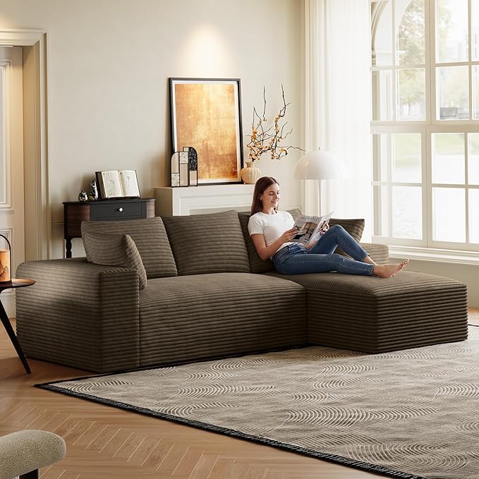 107 L-Shaped Boneless Sectional Couches for Living Room Comfy Corduroy Fluffy Cloud Couch Deep Seat Memory Foam Plush Modular Sectional Sofa with Right-Facing Chaise No Assembly Brown