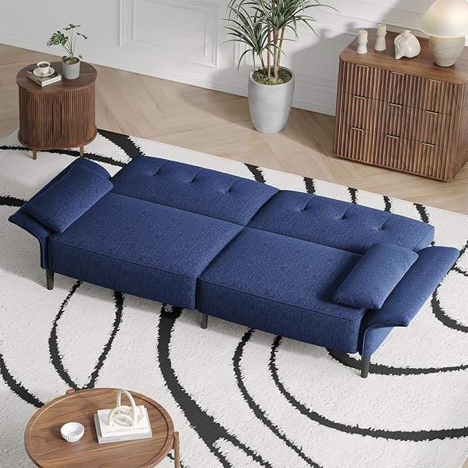 89” Futon Sofa BedComfy Futon Couch Bed with 2 Square PillowsConvertible Sleeper Sofa with Adjustable Backrest&amp Armrests Modern Loveseat Sleeper for Living Room Bedroom Linen Blue