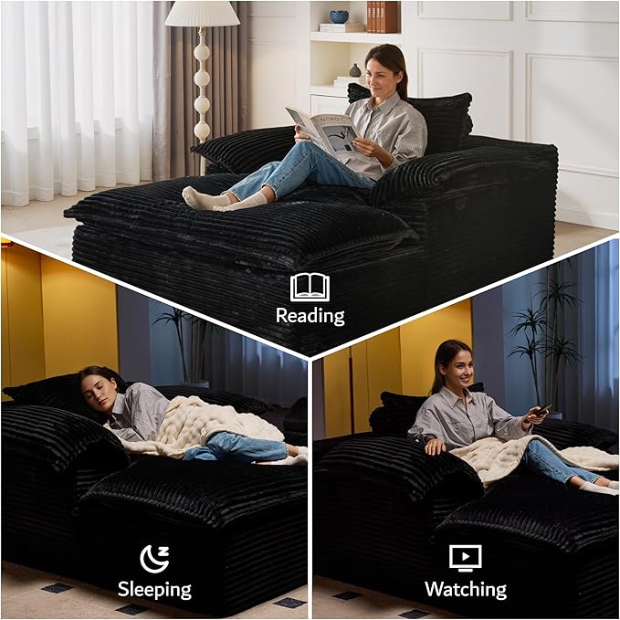 ovios 67 Boneless Lounge Chaise with Cloud Plush Sofa Bed No Assembly Required Fluffy Modern Sleeper Single Chair for Indoor Living Room Bedroom Reading (Black (Plush Corduroy Fabric)) | No Assembl