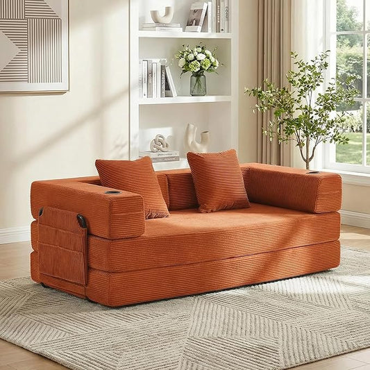 WELAX 72.8 Convertible Sleeper Sofa Bed Boneless Cloud Queen Futon Couches with Cupholders &amp Storage Pockets Corduroy Folding Floor Couch for Bedroom Apartment No Assembly Orange