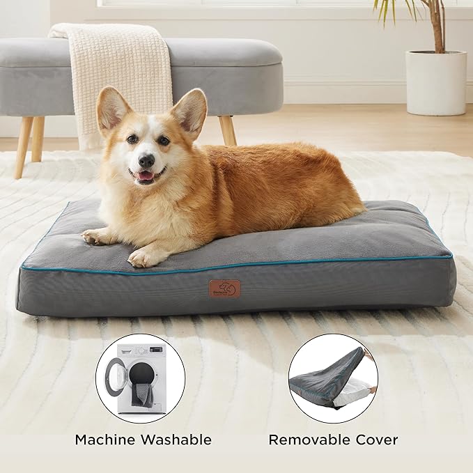 Bedsure XL Washable Dog Bed - 3 Inch Thicken Up to 100lbs Pet Mat Pillows with Removable Washable Cover Grey