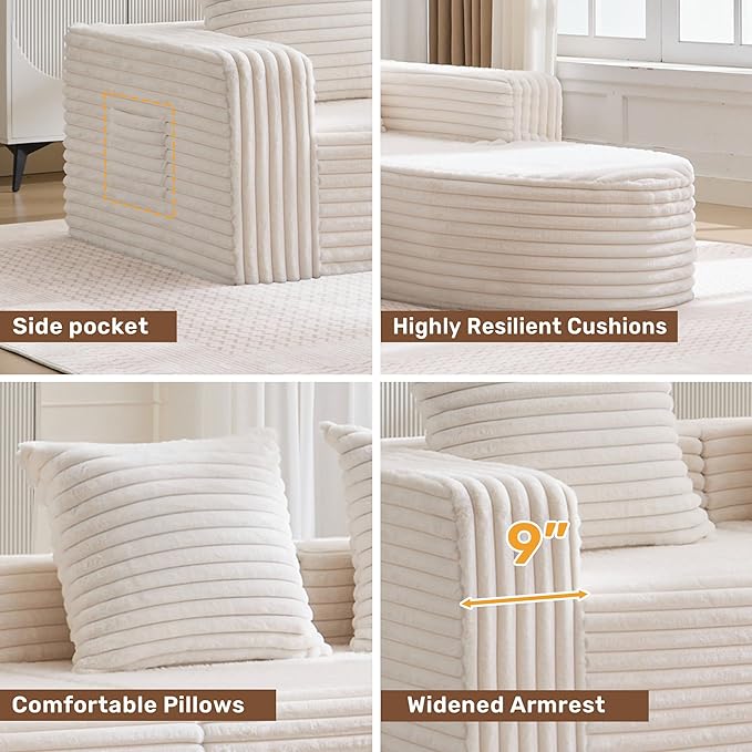 Boneless Cloud Couch Modular Sectional Sofa L-Shape with Chaise 102 Soft Faux Fur Deep Seat &amp 3 Pillows &amp 2 Side Pockets for Living Room Bedroom (Beige Right Chaise)