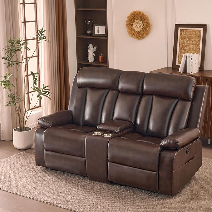 Power Reclining Loveseat with Console 70.9 Faux Leather Loveseat Recliner with Heat &amp Massage Double RV Recliner Sofa with Cup Holders USB &amp Type-C Ports Storage Pocket