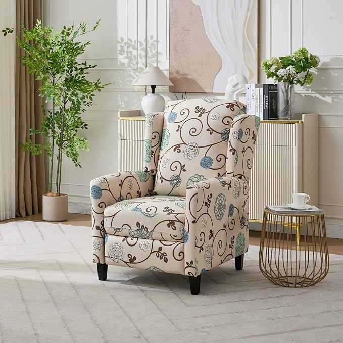 Push Back Recliner Chair with High Back Blue Floral Print Fabric Upholstery Classic Wing Back Design 250 LBS Capacity (Beige)