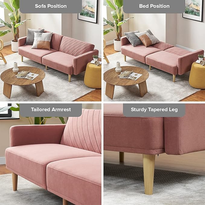 mopio 76.4 Futon Sofa Bed Couch Loveseat Sleeper Sofa Mid Century Modern Futon Couch Sofa Cama Couches for Living Room (Old Rosa Velvet)